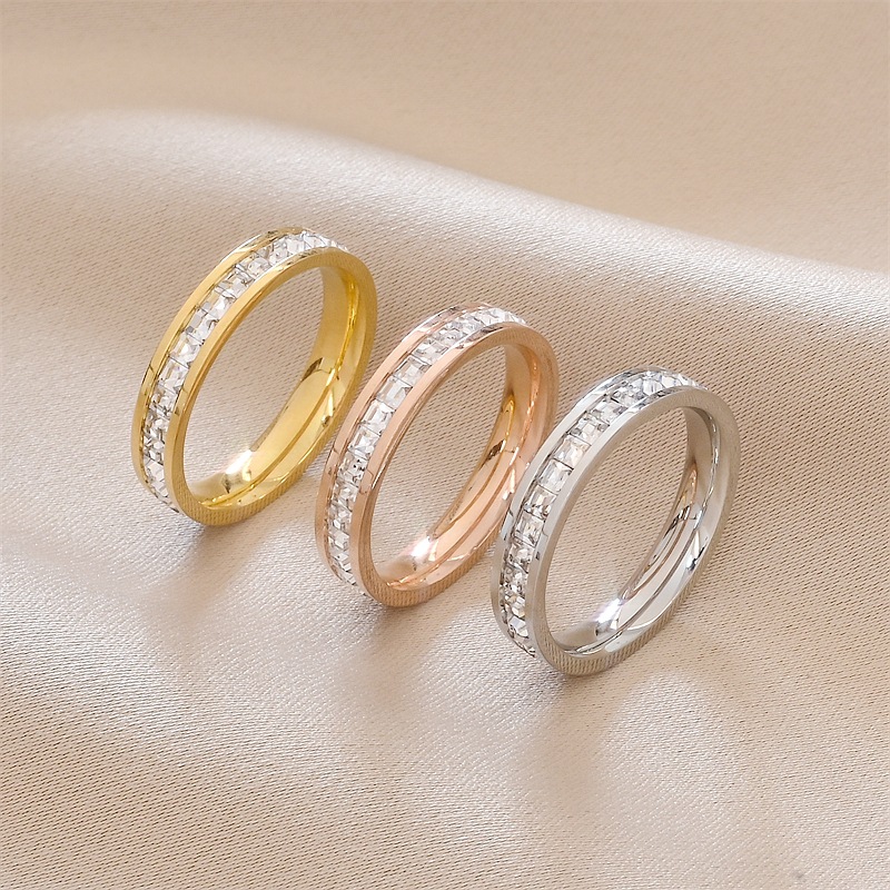 Simple Style Round Titanium Steel Inlay Zircon Rings 1 Piece