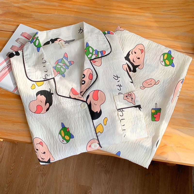 Nuevo conjunto de pijamas de algodón nublado transfronterizo de manga larga delgada primavera y otoño de mujeres lindos pantalones de dibujos animados dulces ropa para el hogar