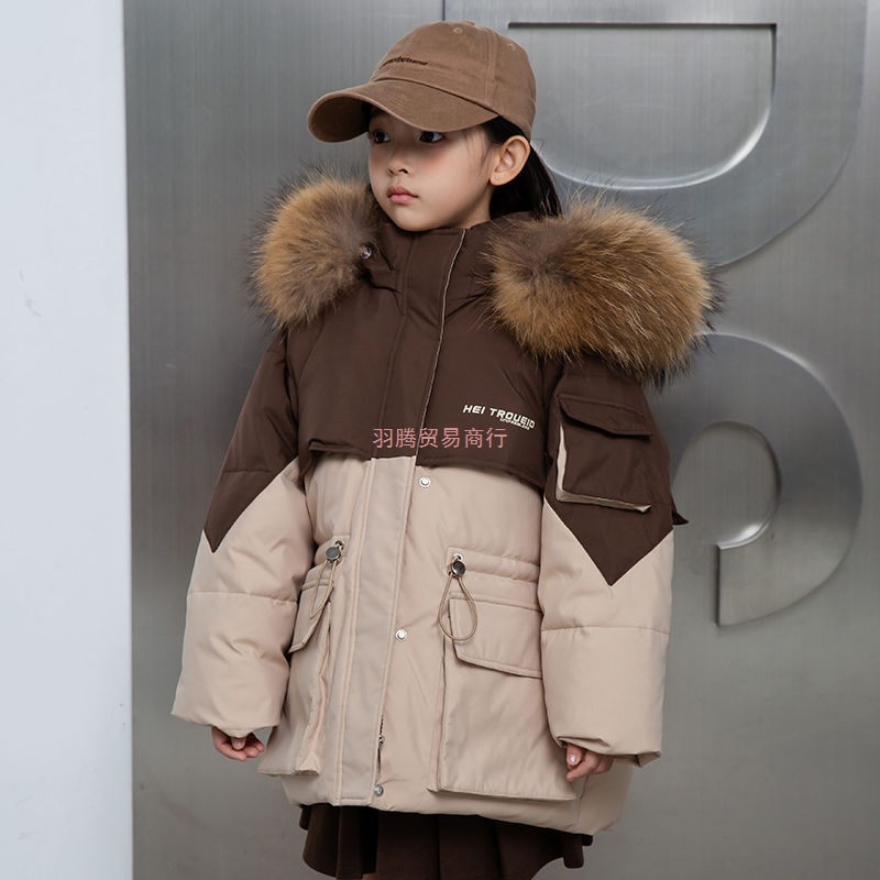 2025年新款羽绒服男女同款爆款带帽拼色带毛加厚保暖外套咖啡米黄