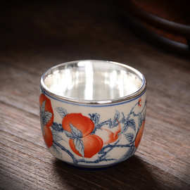 爱赏青花瓷包银杯999足银中式手工高档银内胆茶杯主人杯品茗杯