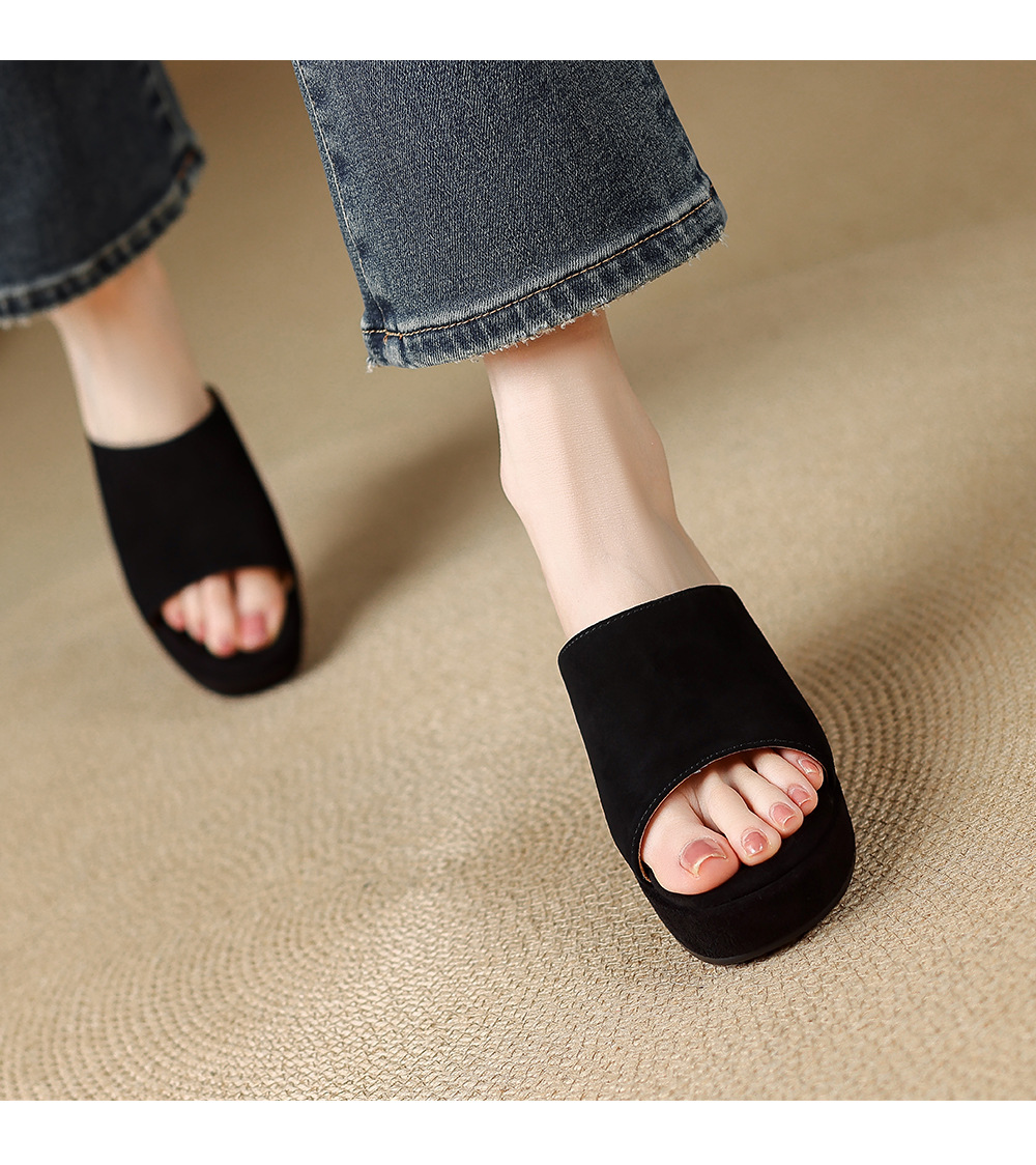 Sandal cao gót nữ đế xuồng 9cm quai ngang hở mũi chất liệu da lộn — màu đen, màu mơ chi tiết 12