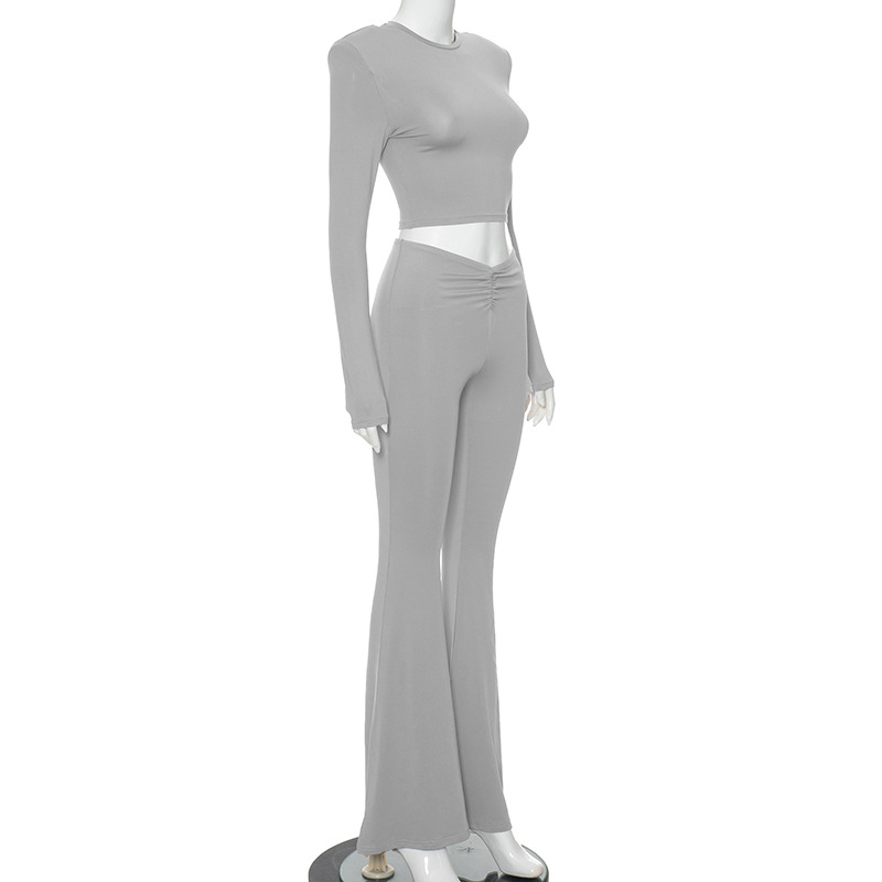 Women Clothing Summer Solid Color Padded Shoulder Long Sleeve Top High Waist Trousers Set