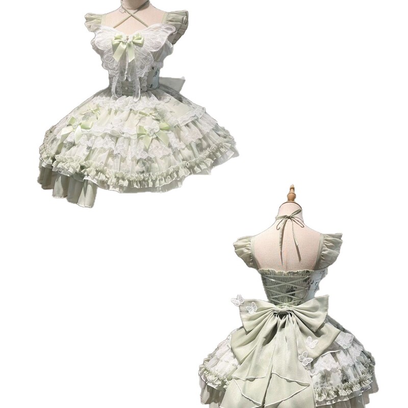 花の季節の約束白と緑の蝶サマーフェアリードレス小さな新鮮なプリンセスガール誕生日ショートスカートロリータ|undefined