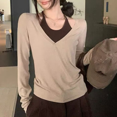 秋季韩系挂脖长袖T恤女早秋穿搭氛围感巨好看显瘦内搭打底衫上衣