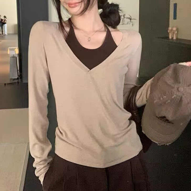 秋季韩系挂脖长袖T恤女早秋穿搭氛围感巨好看显瘦内搭打底衫上衣|undefined