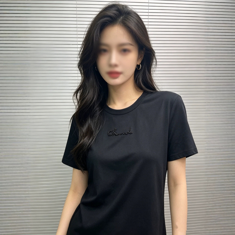 Nanyou High-End Women's Clothing Cha26 New Summer Style Beaded Casual Versatile Round Neck Short-Sleeved T-Shirt Tops for Men and Women