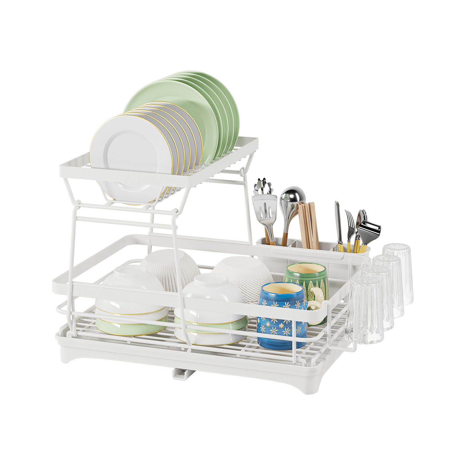 Rack de almacenamiento de cocina aishijia hogar encimera plato estante de drenaje japonés multi-funcional de doble capa plato blanco rack