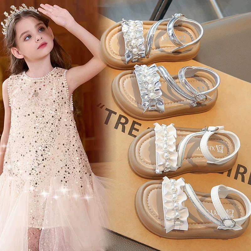 Сандалии принцессы для девочек, новинка 2025 года, летние детские модные повседневные пляжные туфли на толстой подошве для девочек на мягкой подошве для детей среднего и старшего возраста
