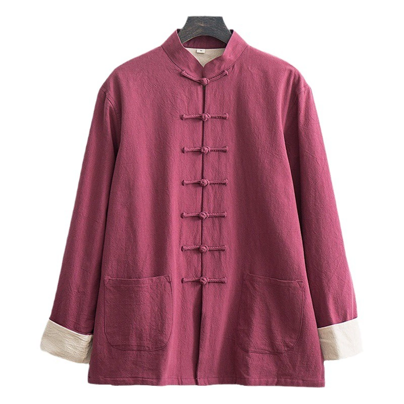 Костюм Тан в китайском стиле, мужское весенне-осеннее пальто из хлопка и льна с длинными рукавами, китайский воротник-стойка, старинный костюм ханьфу в ретро-стиле для людей среднего и пожилого возраста