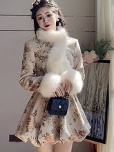新中式国风碎花旗袍连衣裙秋冬季复古富家千金短款外套女两件套装