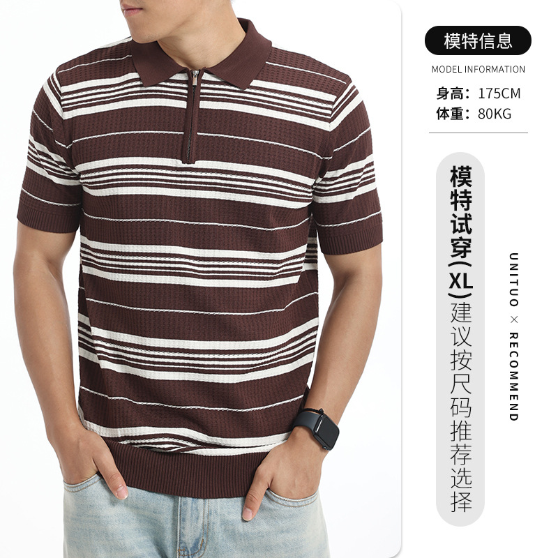 Verano hombre rayas de color contrastante hielo tejedido polo camisa de manga corta semia cremallera solapa textural ligera ropa de hombre de negocios