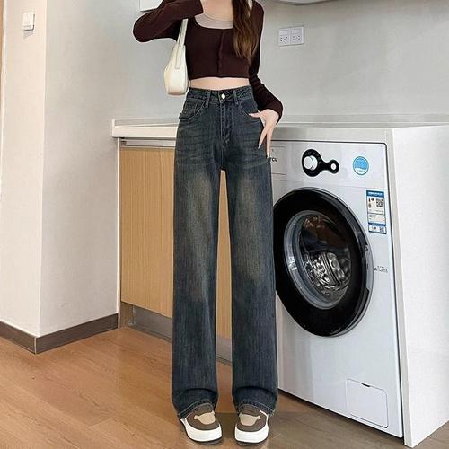 Autumn/Winter Vintage Wide Leg American Style High-Waisted Skimming Trousers for Women, Tall-Showing, Loose Straight Leg Ground-Long Pants