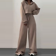 亚马逊跨境2025秋季欧美外贸新款女装时尚连帽上衣阔腿长裤两件套