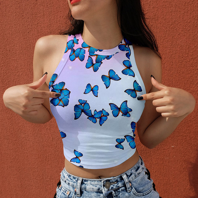 Amazon Summer Camisole Top Women's Halter Top Butterfly Print Round Neck Sleeveless Navel Vest