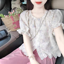 法式甜美小清新碎花泡泡袖上衣女夏季新款设计感小众雪纺小衫高级