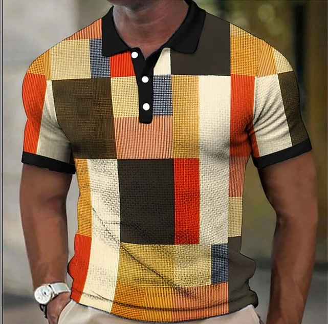 Botón de los hombres camisa polo a cuadros patrón solapa moda 3D Impresión digital moda urbana suelta casual