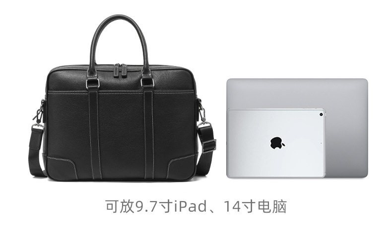 Cặp công sở da bò lớp đầu khóa kéo đôi, túi xách tay nam đựng laptop 14 inch dung lượng lớn, có dây đeo vai 38×11×28 cm — đen chi tiết 12