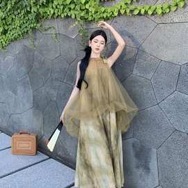 挂脖连衣裙女新中式改良旗袍禅意晨袍仙女网纱扎染假两件无袖裙子