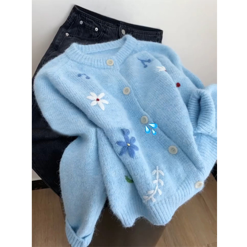 Blue Round Neck Short Cardigan Jacket for Women 2025 Autumn and Winter New Style Lazy Style Loose Outer Knitted Knitwear A8759 Blue Round Neck Short Cardigan Jacket for Women 2025 Autumn and Winter New Style Lazy Style Loose Outer Knitted Knitwear A8759