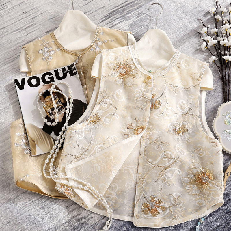 Shenzhen Nanyou Silk Organza Heavy Embroidery Beaded Sequin Chinese Style Vest Women's Fashion Sun Protection Outer Top
