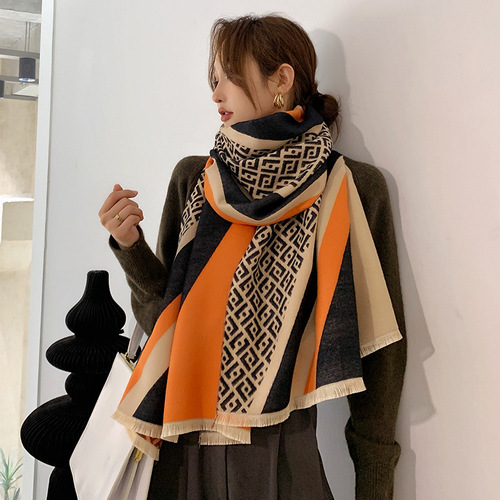 Korean version thickened scarf for women winter new letter color-blocking imitation cashmere double-sided warm summer air-conditioned room shawl scarf