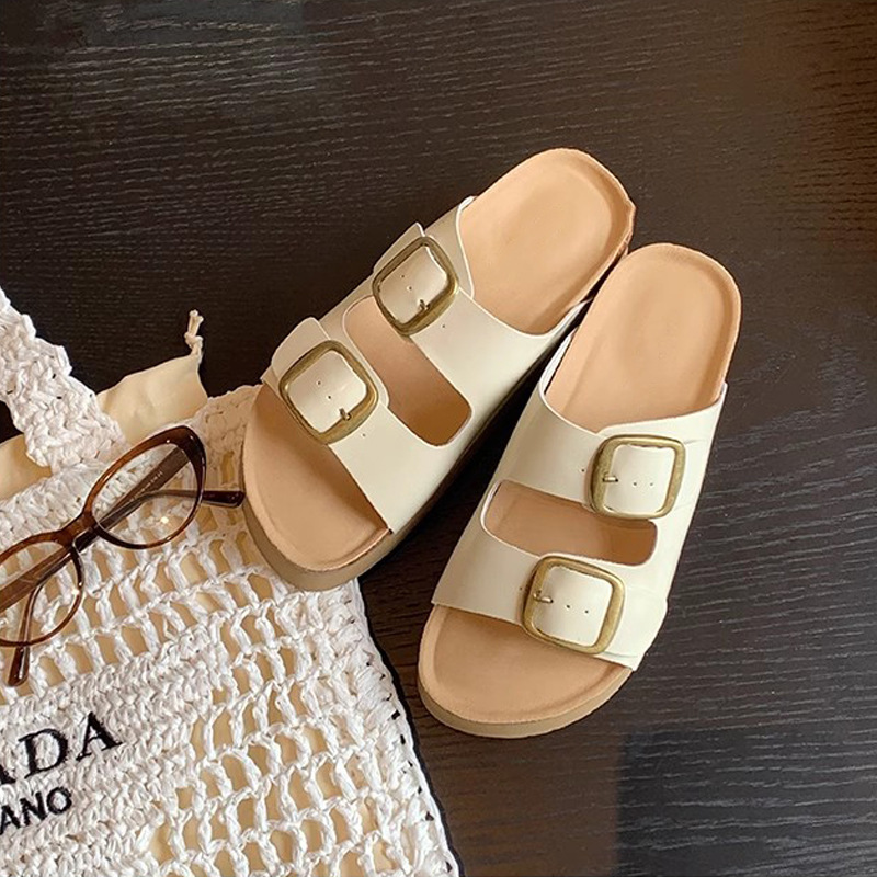 Nuevo retro doble hebilla de grapas de madres, zapatillas de playa elevadas, zapatillas de verano para mujeres