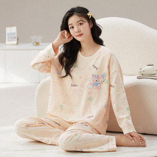 Southeast Asia Spring New Pajamas Women's Imitation Cotton Long Sleeve Round Neck Casual Loose Sweet Homewear Suit Wholesale