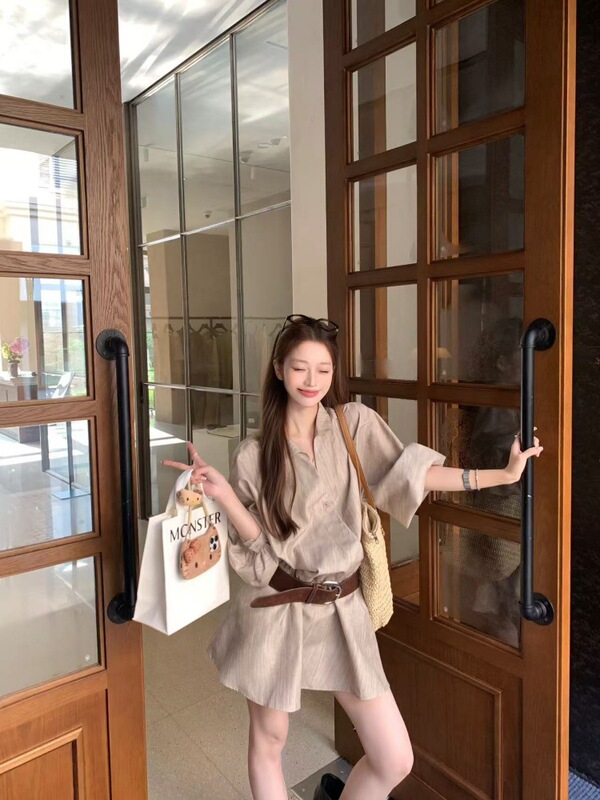 2025新款宽松慵懒蝙蝠袖短款V领工装衬衫连衣裙女气质收腰A字短裙|undefined