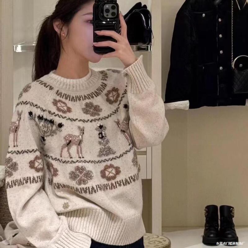 Nanyou 2025 Autumn/Winter New Style Chanel-Inspired Vintage Retro Youthful Color-Blocking Pullover Crewneck Knit Sweater for Women Nanyou 2025 Autumn/Winter New Style Chanel-Inspired Vintage Retro Youthful Color-Blocking Pullover Crewneck Knit Sweater for Women