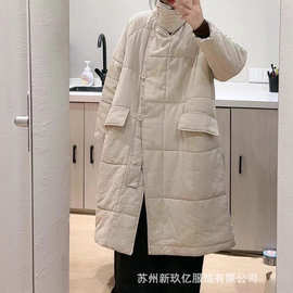 2025冬季新款文艺时尚纯色大口袋天丝苎麻加厚棉服中长款外套棉衣