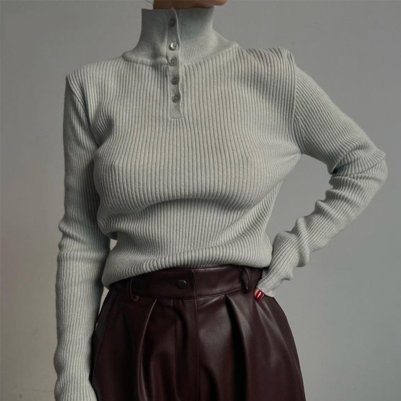 2023 cross-border ins vintage breasted medio jersey de cuello alto Otoño e Invierno ropa interior desgaste exterior suéter de fondo Delgado image 4