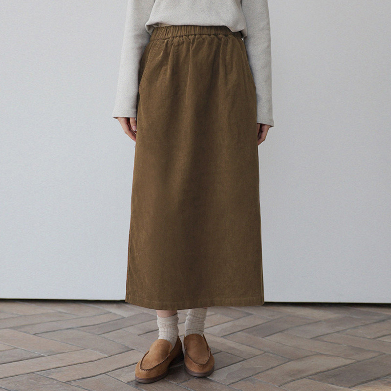 【Clearance Sale】Japanese Retro Art Style Corduroy Mid-Length Elastic Waist Back Slit A-Line Skirt for Women