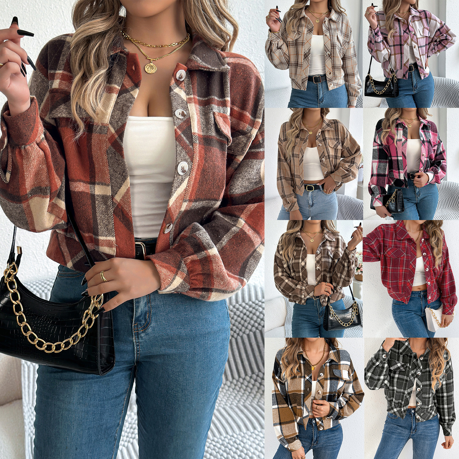 Real Shot of Autumn and Winter European and American Casual Plaid Fake Flap Pocket Pants Long-Sleeved Woolen Jacket Independent Station Cross-Border Women's Clothing