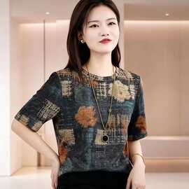 夏季薄款印花上衣女士圆领短袖宽松遮肉加大码文艺风休闲套头T恤
