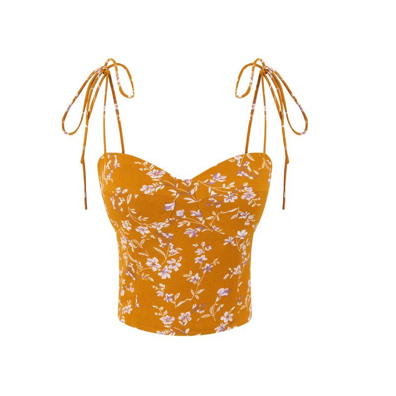 French Retro 2025 Early Spring New Floral Print Shoulder Lace-up High Waist Camisole Short Top French Retro 2025 Early Spring New Floral Print Shoulder Lace-up High Waist Camisole Short Top