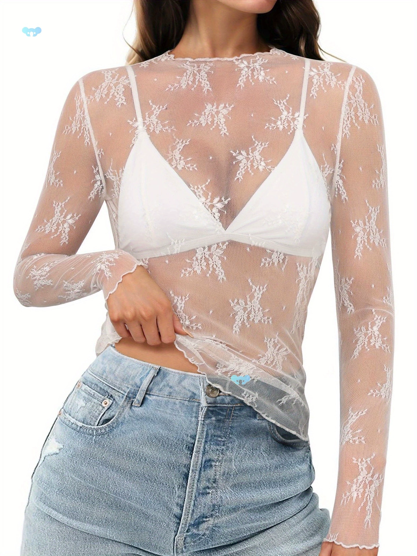 Женский прозрачный сетчатый кружевной топ с цветочным принтом и длинными рукавами с воротником-стойкой