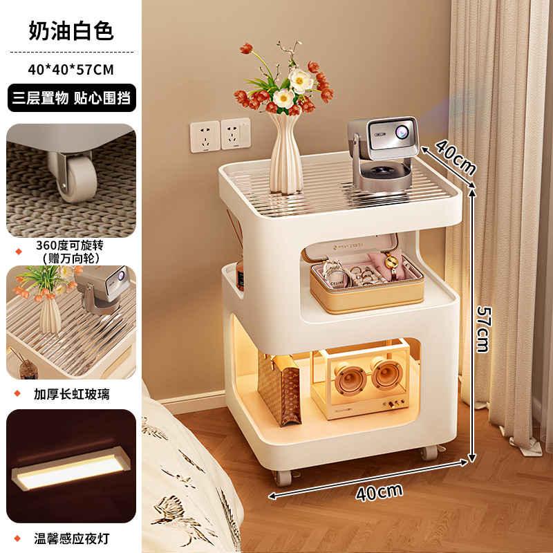 Mesa de cabezal de cama pequeña y simple, estante de cabezal de cama moderno con lámpara de hierro forjado, tablero de borde móvil creativo