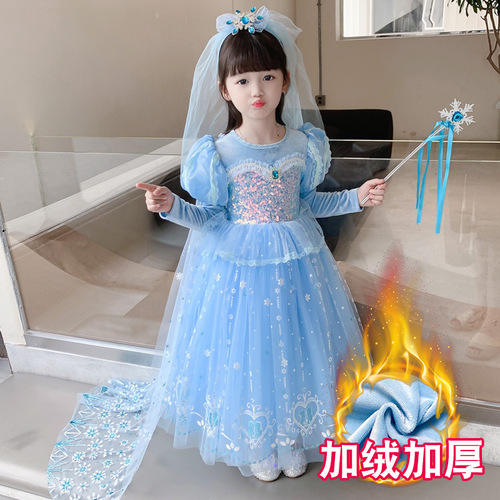 Princess Elsa Dress 2024 Girls Spring and Autumn Cinderella Fleece Formal Dress Children's Spring Outfit Elsa Dress