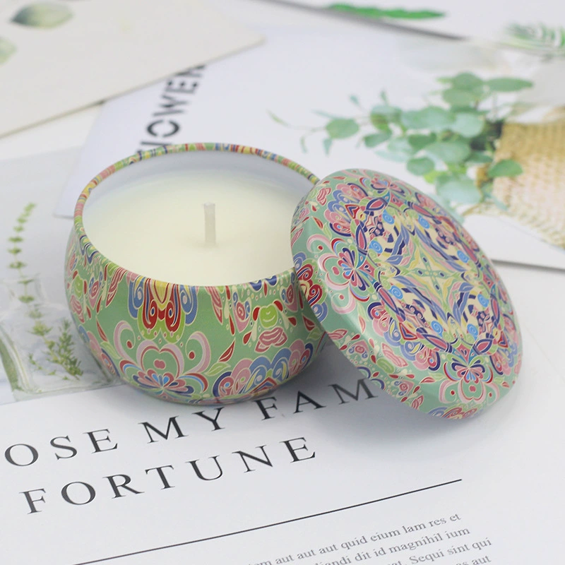 Aromatherapy soy wax tin candle, plant‑based, 55 g wax, 12–14 h burn, decorative tin