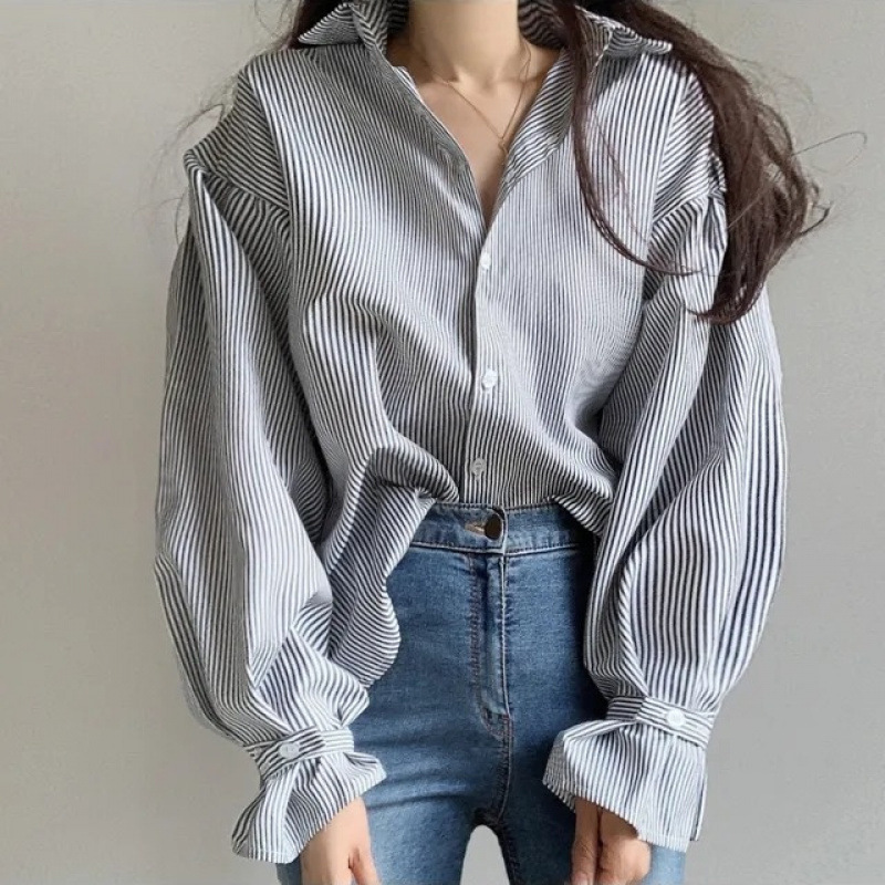 Chic Korean Early Autumn Versatile Simple Design Niche Pinstripes Loose Long-Sleeved Shirt Women's Tops