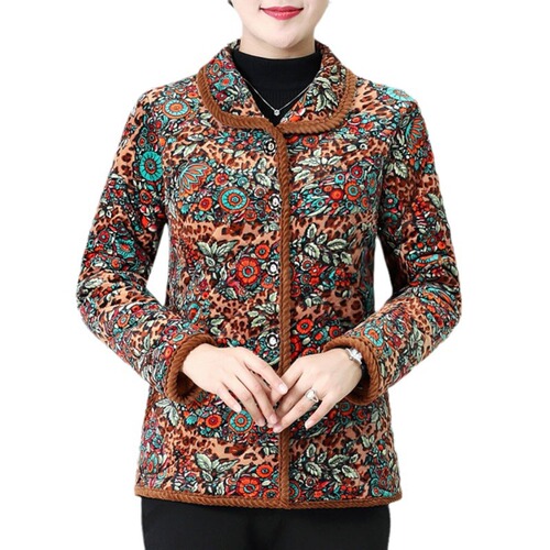 Mid-to-Old-Age Mother's Cotton Padded Coat for Autumn and Winter Fashion Plus Size with Fleece and Thick Padding, Floral Collar Cotton Jacket Outerwear for Wholesale