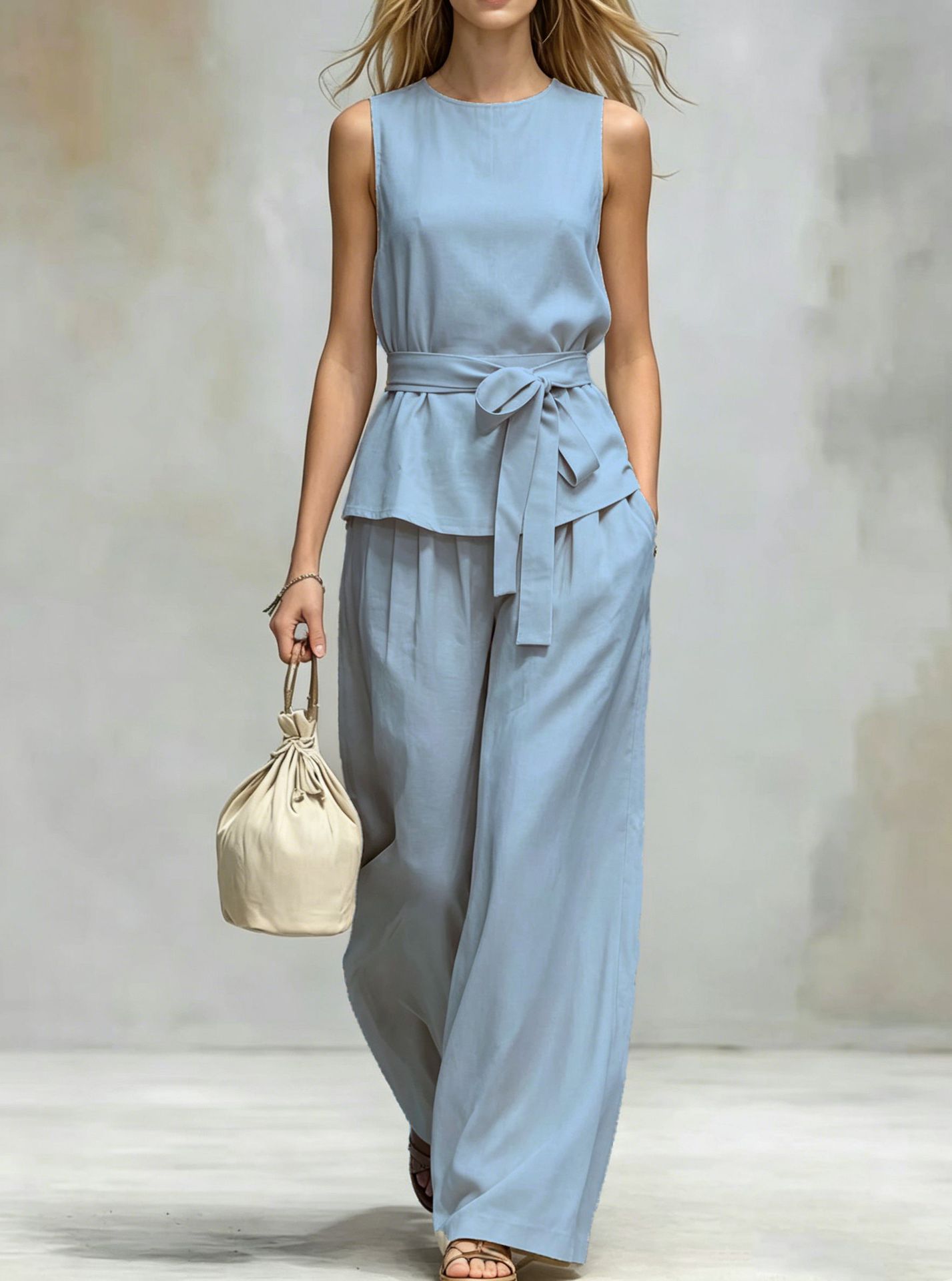 Women's Clothing Women's Spring Summer Two Piece Set Sleeveless Top And Belted Pants Casual Solid Color Style_ecoleips.com