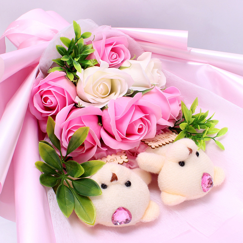 Ramo de Jabones en Forma de Oso para el Día de San Valentín y el Día de San Valentín Chino, Caja de Regalo con 7 Rosas, Regalo para el Día del Maestro, Flores Hechas a Mano