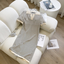 小香风夏季女装修身显瘦翻领短袖针织连衣裙冰丝条纹直筒T恤裙女