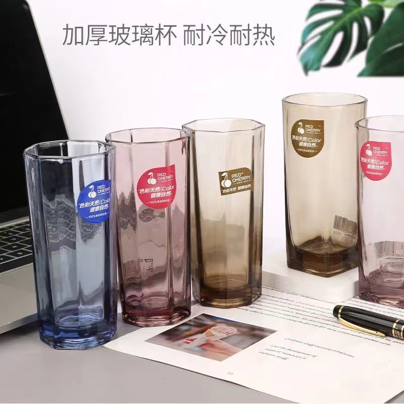 红樱桃彩色玻璃杯圆筒四方八角杯玻璃杯啤酒杯花茶水杯3元店货源
