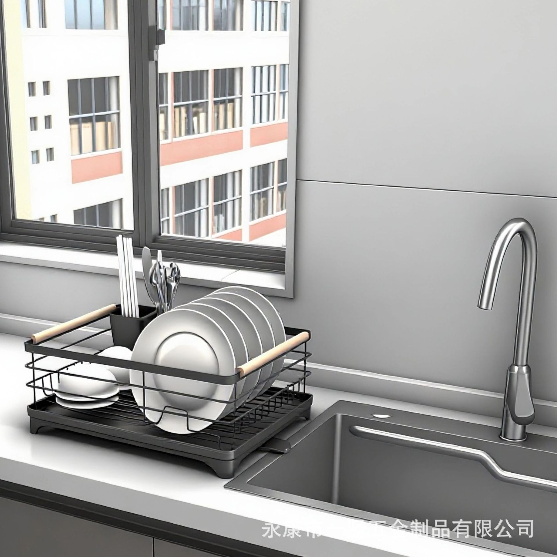 Rejilla de drenaje de cocina Rejilla de platos de una sola capa con mango de madera Jaula de palillos Rejilla de platos Encimera Fregadero multifuncional Rejilla de drenaje