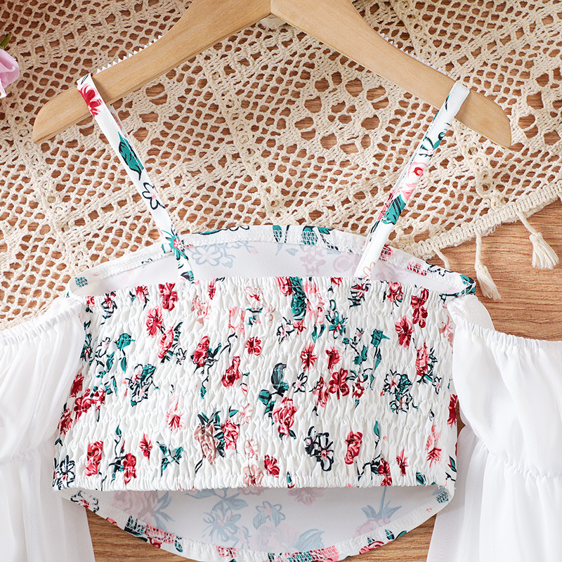 Camisola infantil estilo francés 2025 con mangas tres cuartos y estampado floral, 60g, se puede usar como prenda exterior, estilo sin mangas para niños pequeños.