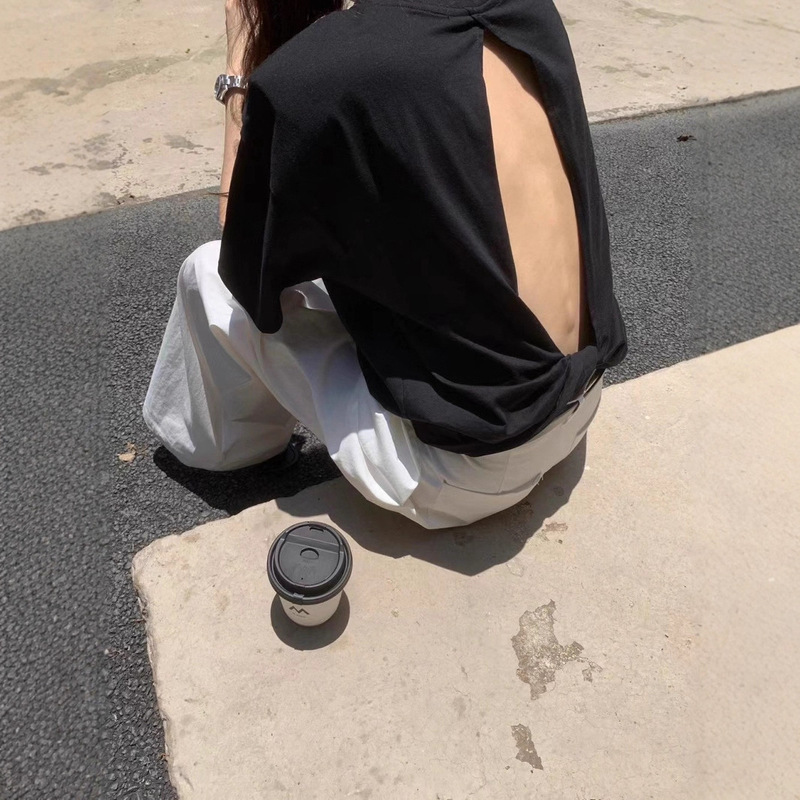 白色后背镂空上衣女夏季薄款巨好看的夏日韩系漂亮短袖t恤女正肩|undefined
