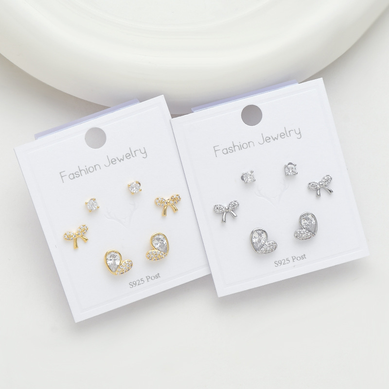 1 Set Simple Style Round Heart Shape Bow Knot Plating Inlay Copper Zircon Ear Studs display picture 1