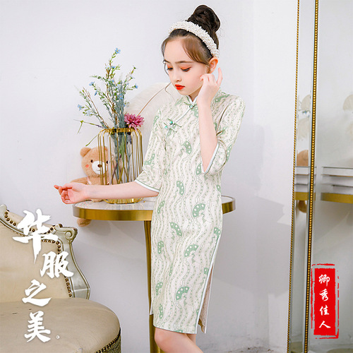 Green floral Cheongsam qipao for girls children's wear daily cheongsam modified printing nail bead cheongsam skirt hanfu tang suit for baby